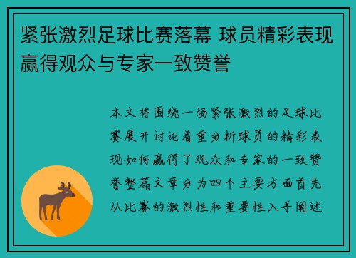 紧张激烈足球比赛落幕 球员精彩表现赢得观众与专家一致赞誉